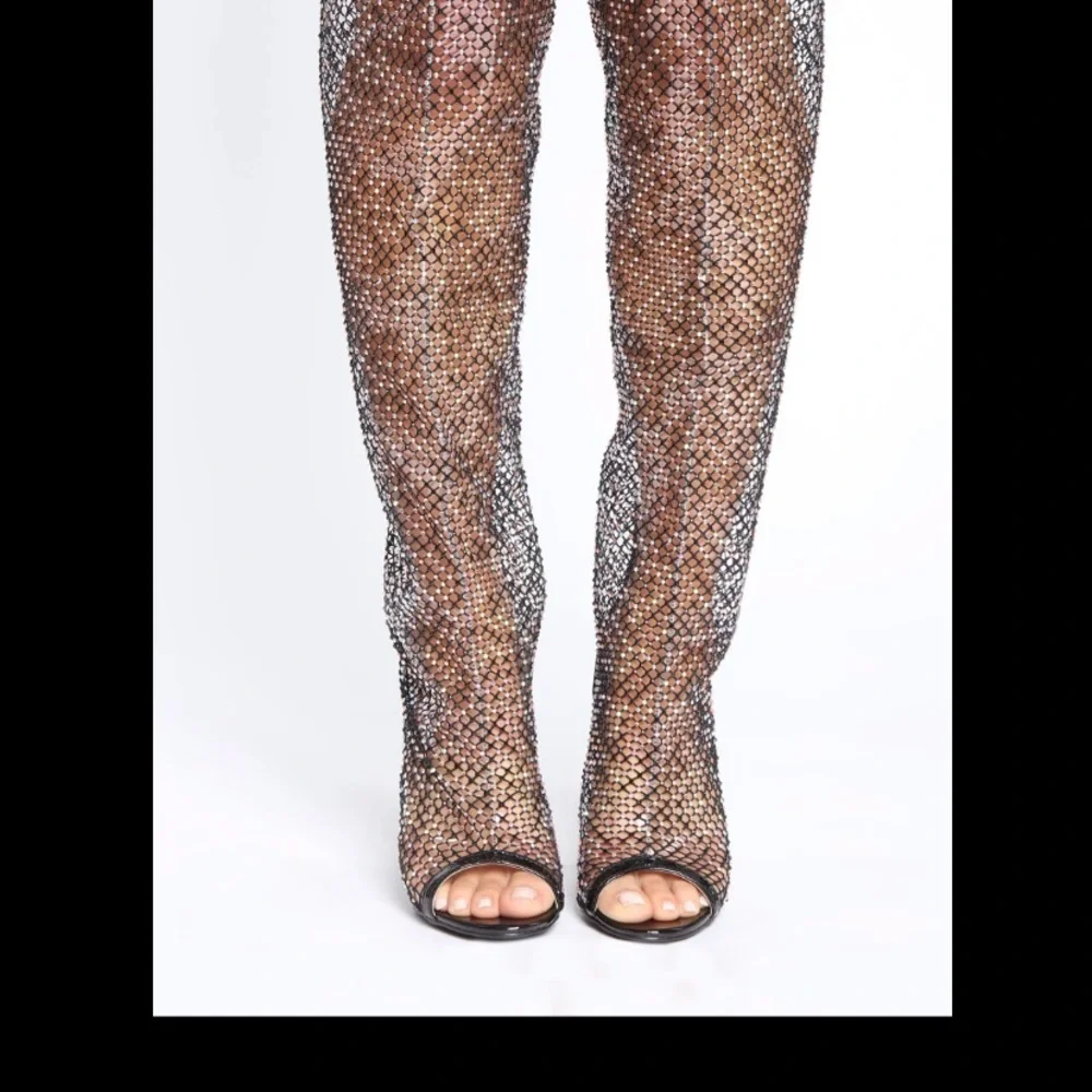 Fishnet Rhinestone Knee Boots - Picture 3 of 9